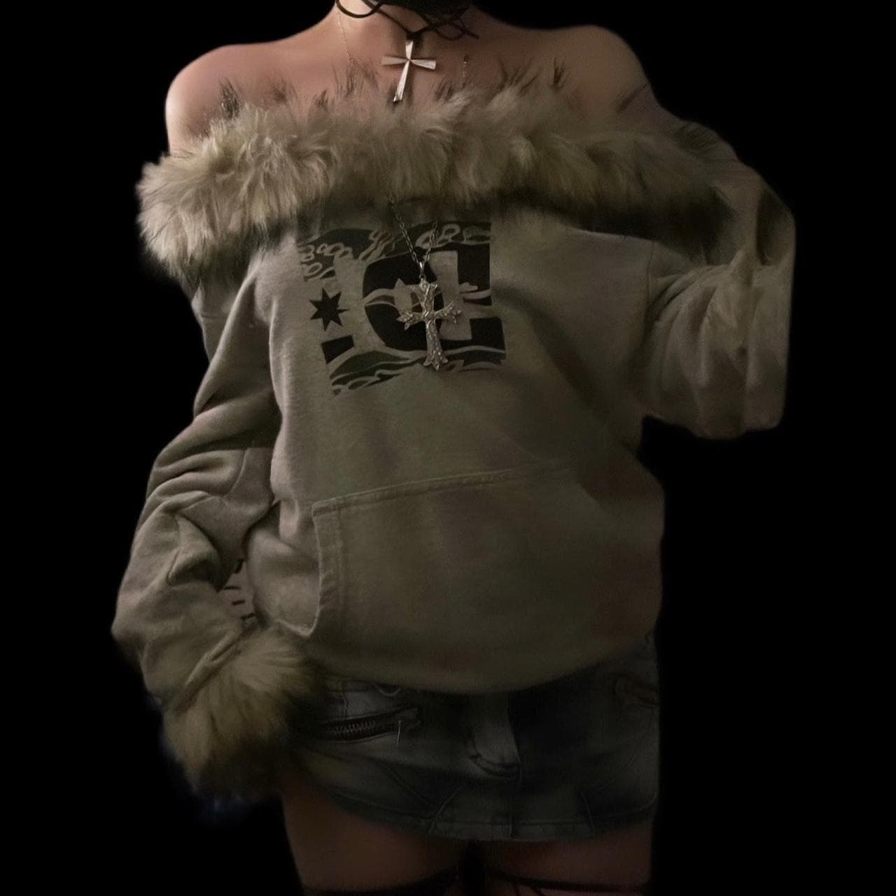 Grey DC fur trim off the shoulder top with fur... - Image 1