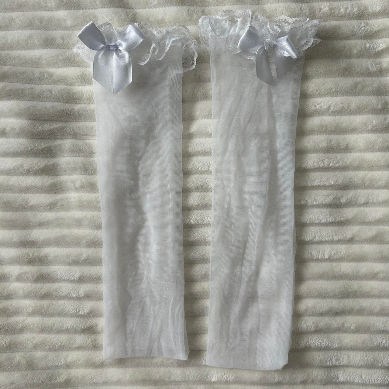 Sheer white lace knee high/over the knee socks with... thumbnail 2