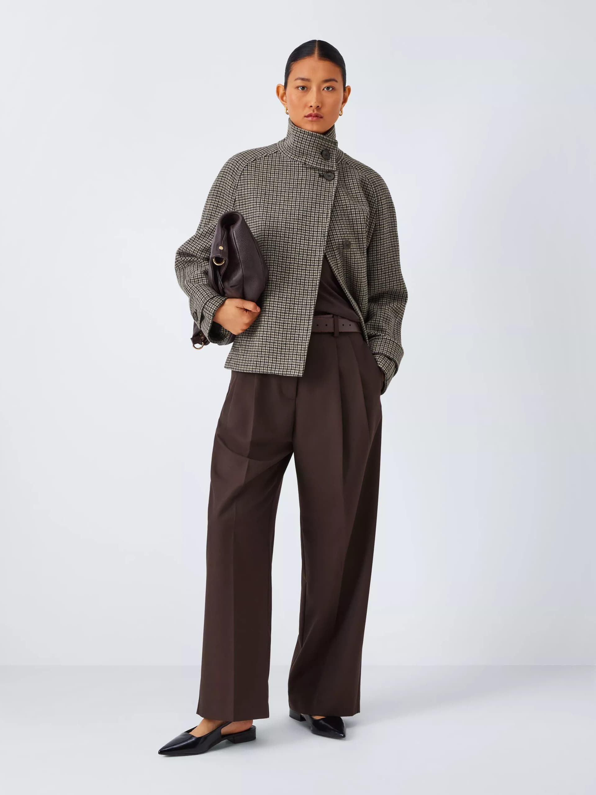 John Lewis Funnel Neck Short Check Print Wool Jacket - Image 1