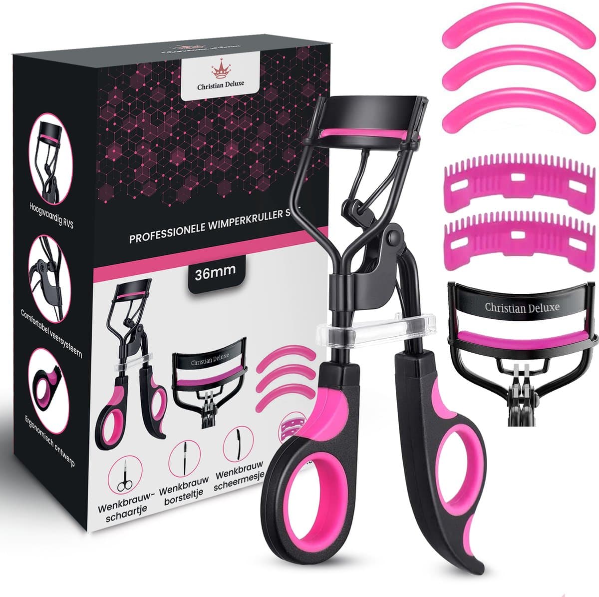 Christian Deluxe® Professionele Wimperkruller Deluxe Set - Inclusief 3 Siliconen Pads - 2 Extra opzet kammen - Wenkbrauwschaartje - Wenkbrauw Borstel - Dermaplaning Scheermesje - Image 1