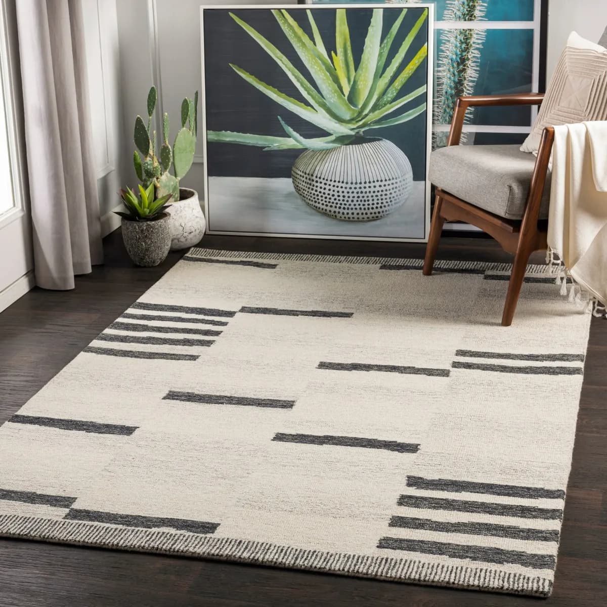 Beige Black Modern Rug, Striped Stain Resistant Easy to Clean Rug - Image 1