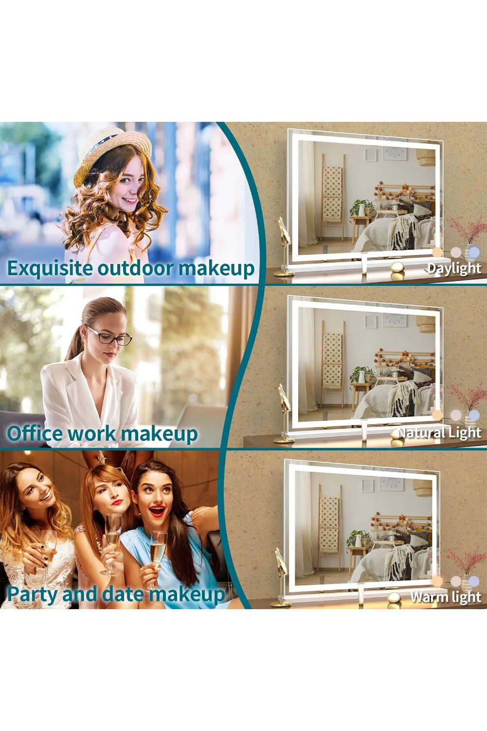 Vanity Mirror with Lights,3 Lighting Modes,Touch Screen Control,Tabletop Cosmetic Mirror For Bedroom thumbnail 3
