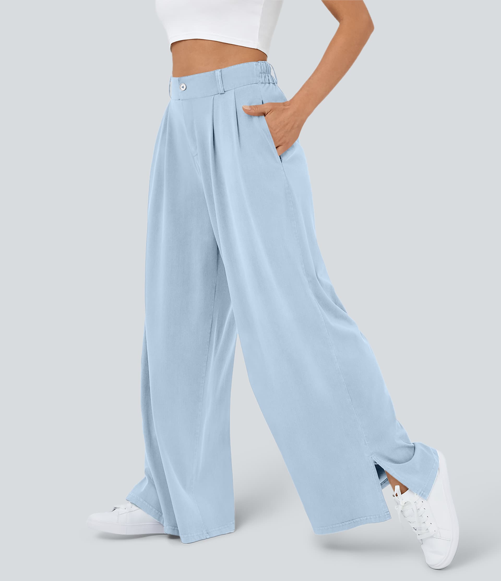 High Waisted Zipper Pocket Hem Wide Leg Casual Pants thumbnail 7