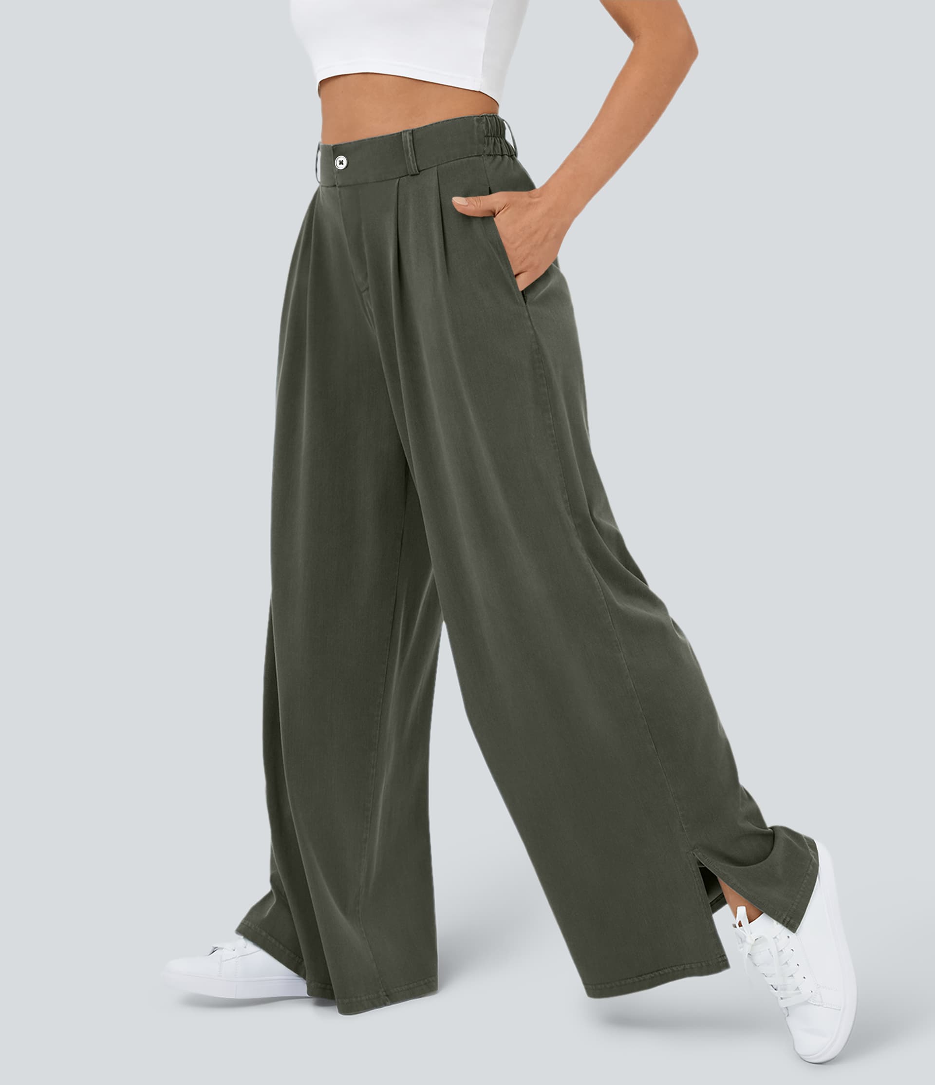 High Waisted Zipper Pocket Hem Wide Leg Casual Pants thumbnail 4