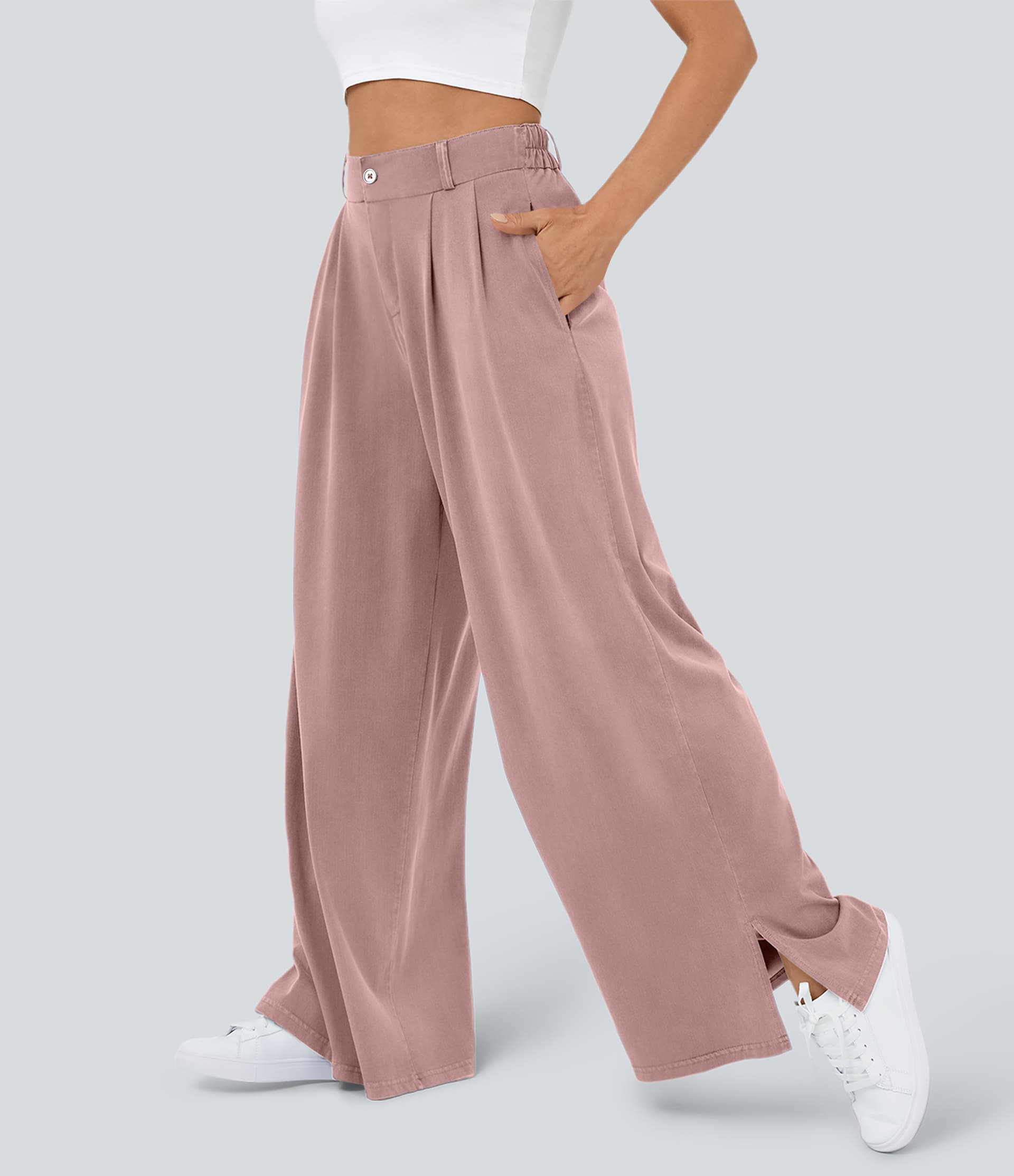 High Waisted Zipper Pocket Hem Wide Leg Casual Pants thumbnail 6