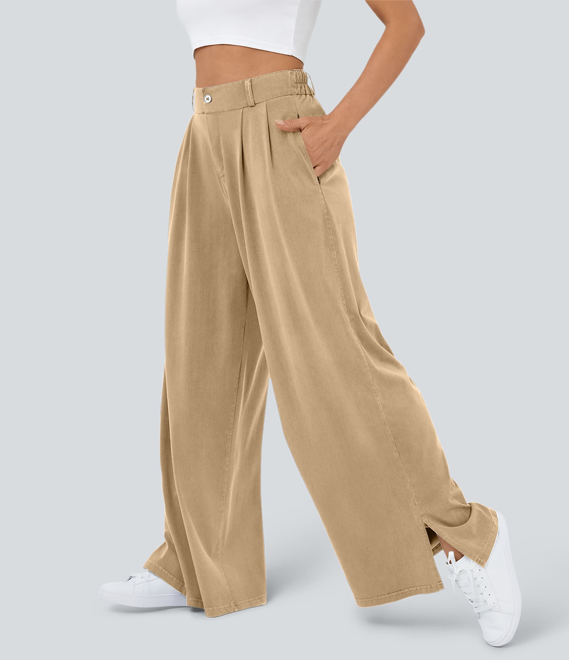 High Waisted Zipper Pocket Hem Wide Leg Casual Pants thumbnail 9