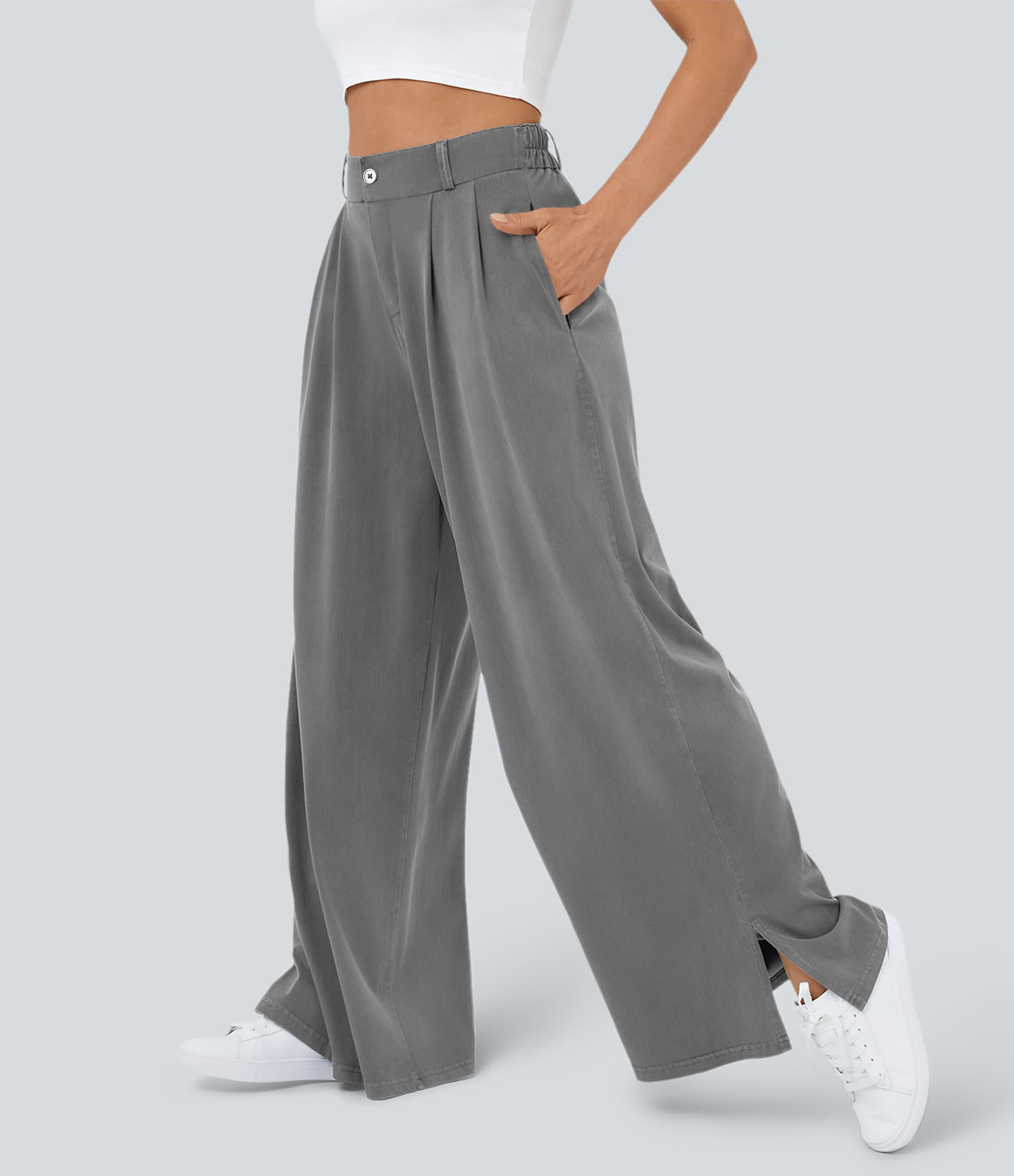 High Waisted Zipper Pocket Hem Wide Leg Casual Pants thumbnail 10