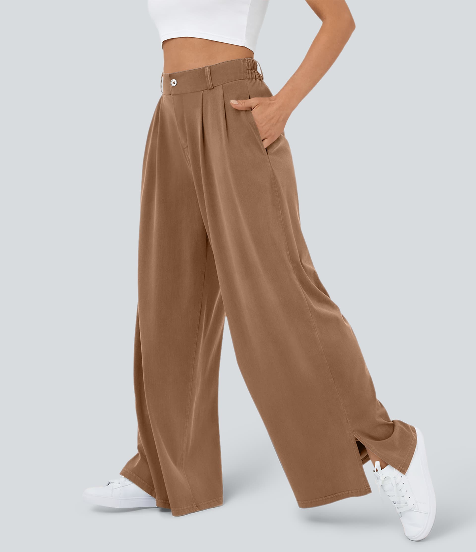 High Waisted Zipper Pocket Hem Wide Leg Casual Pants thumbnail 3