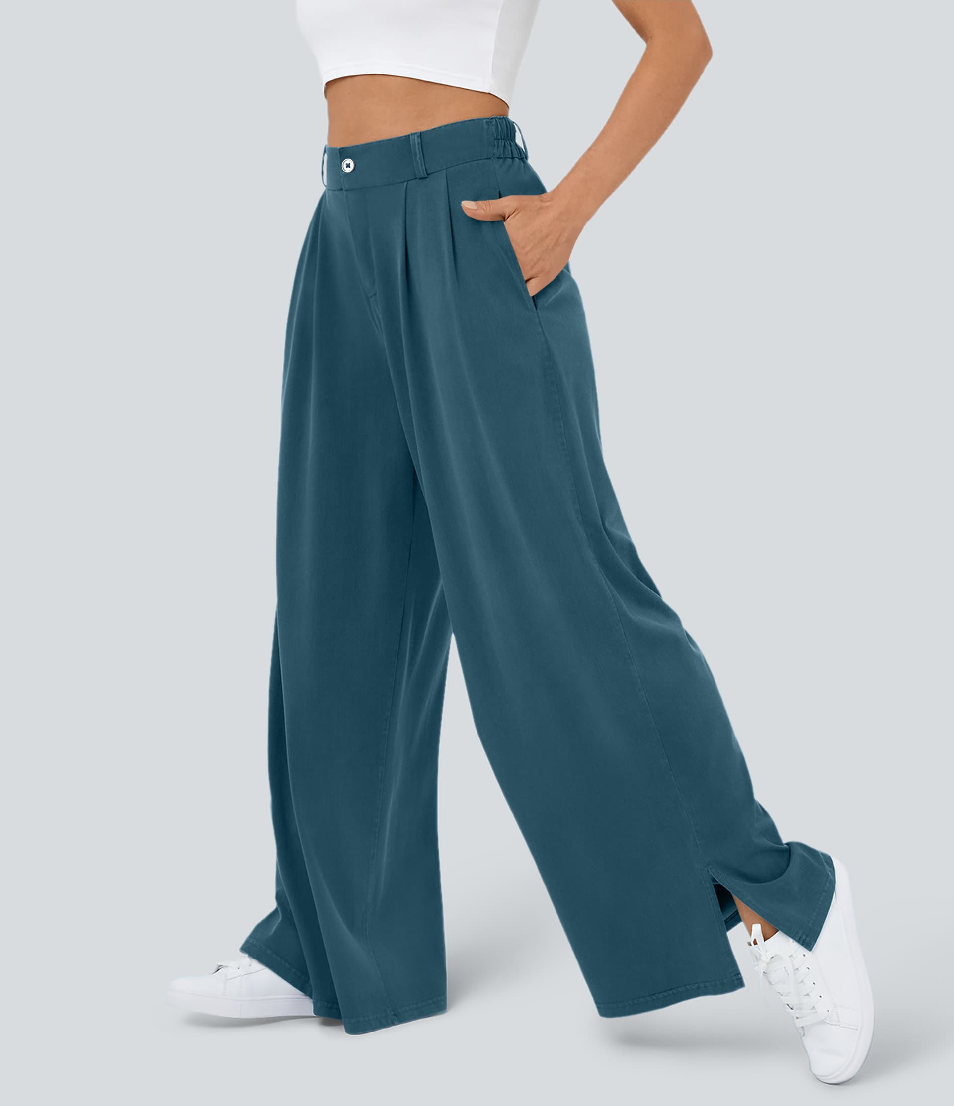 High Waisted Zipper Pocket Hem Wide Leg Casual Pants thumbnail 5