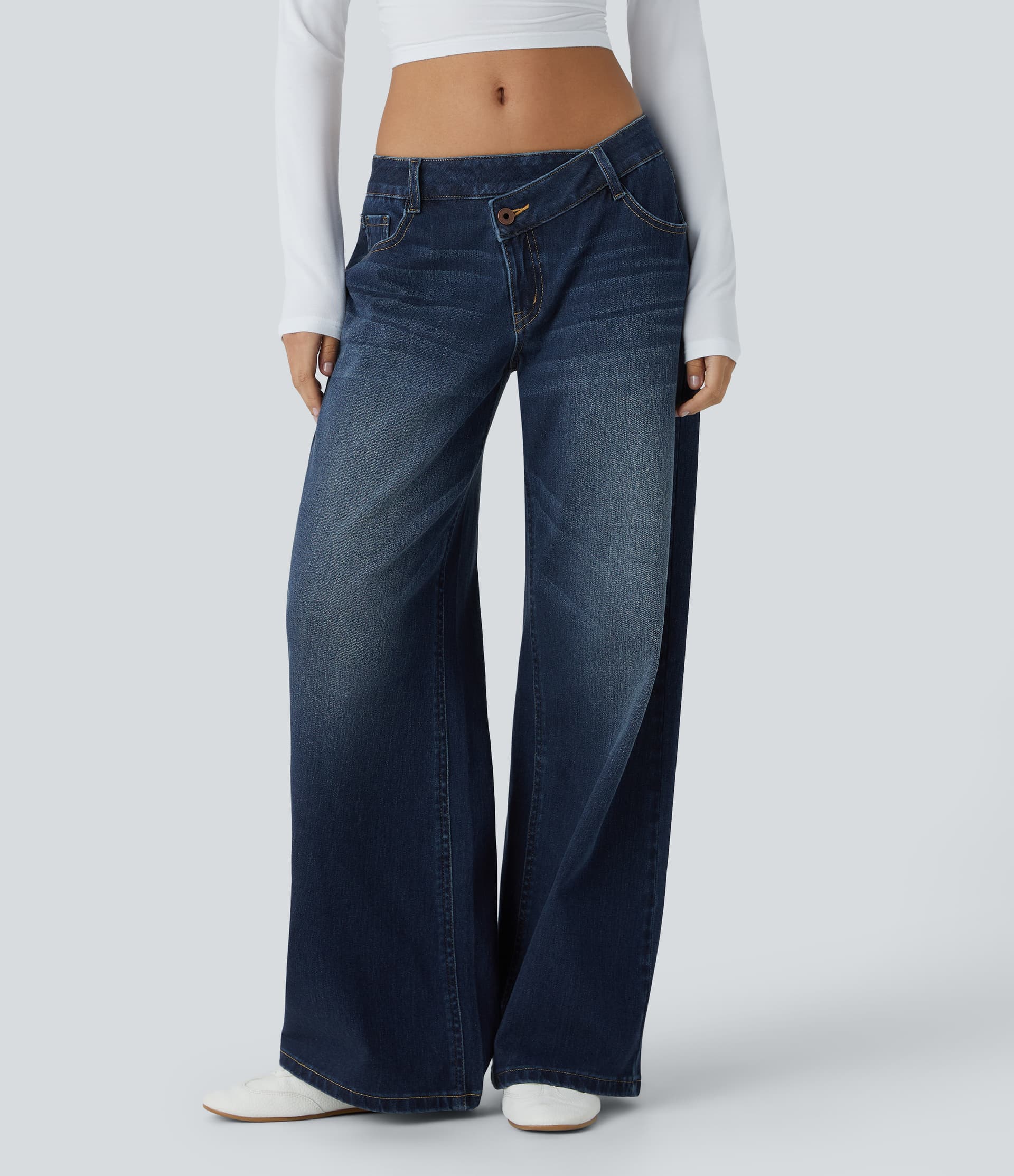 Halara Flex™ Asymmetric Low Rise Button Zipper Multiple Pockets Baggy Wide Leg Washed Stretchy Knit Casual Jeans thumbnail 2
