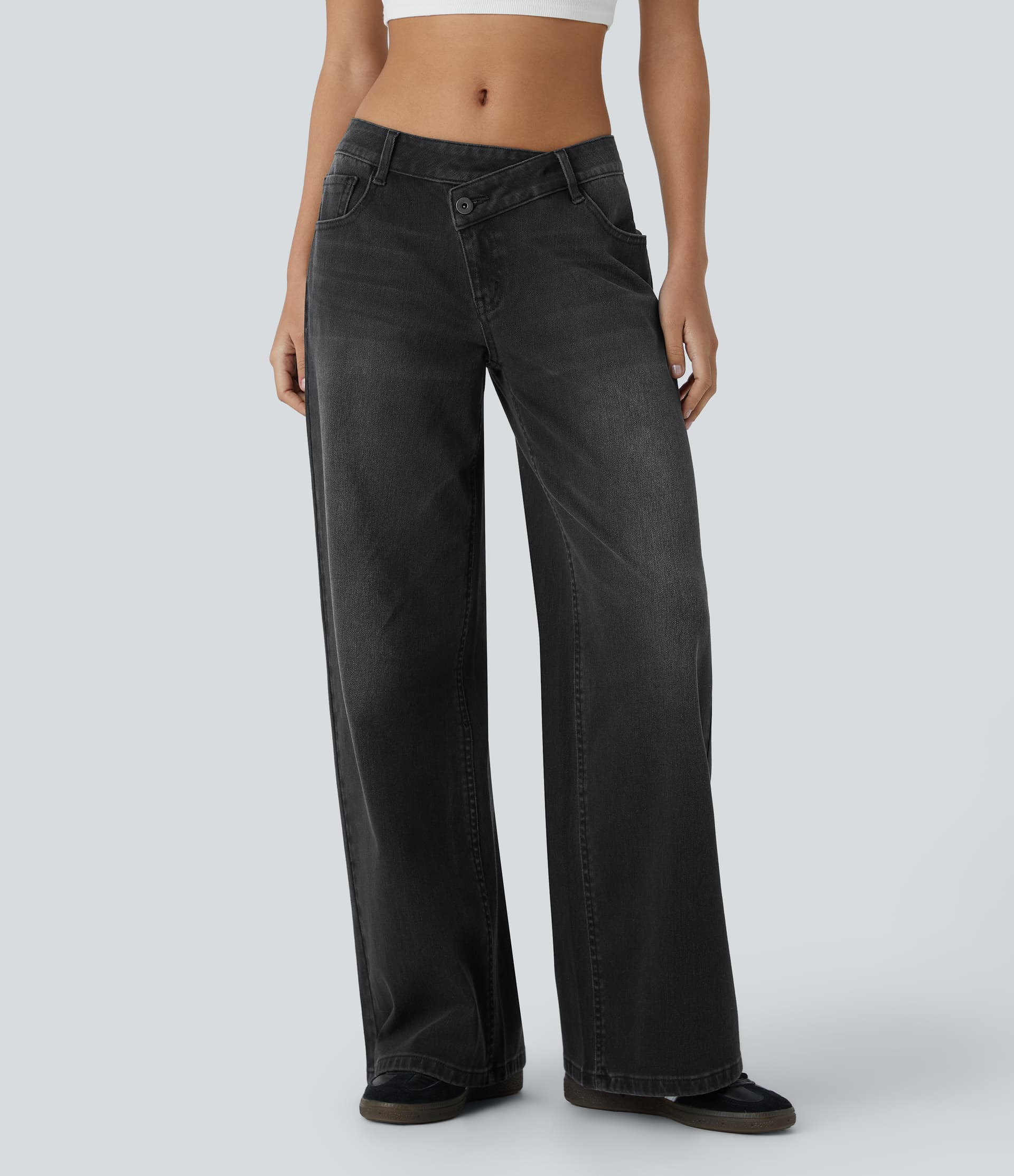 Halara Flex™ Asymmetric Low Rise Button Zipper Multiple Pockets Baggy Wide Leg Washed Stretchy Knit Casual Jeans thumbnail 5