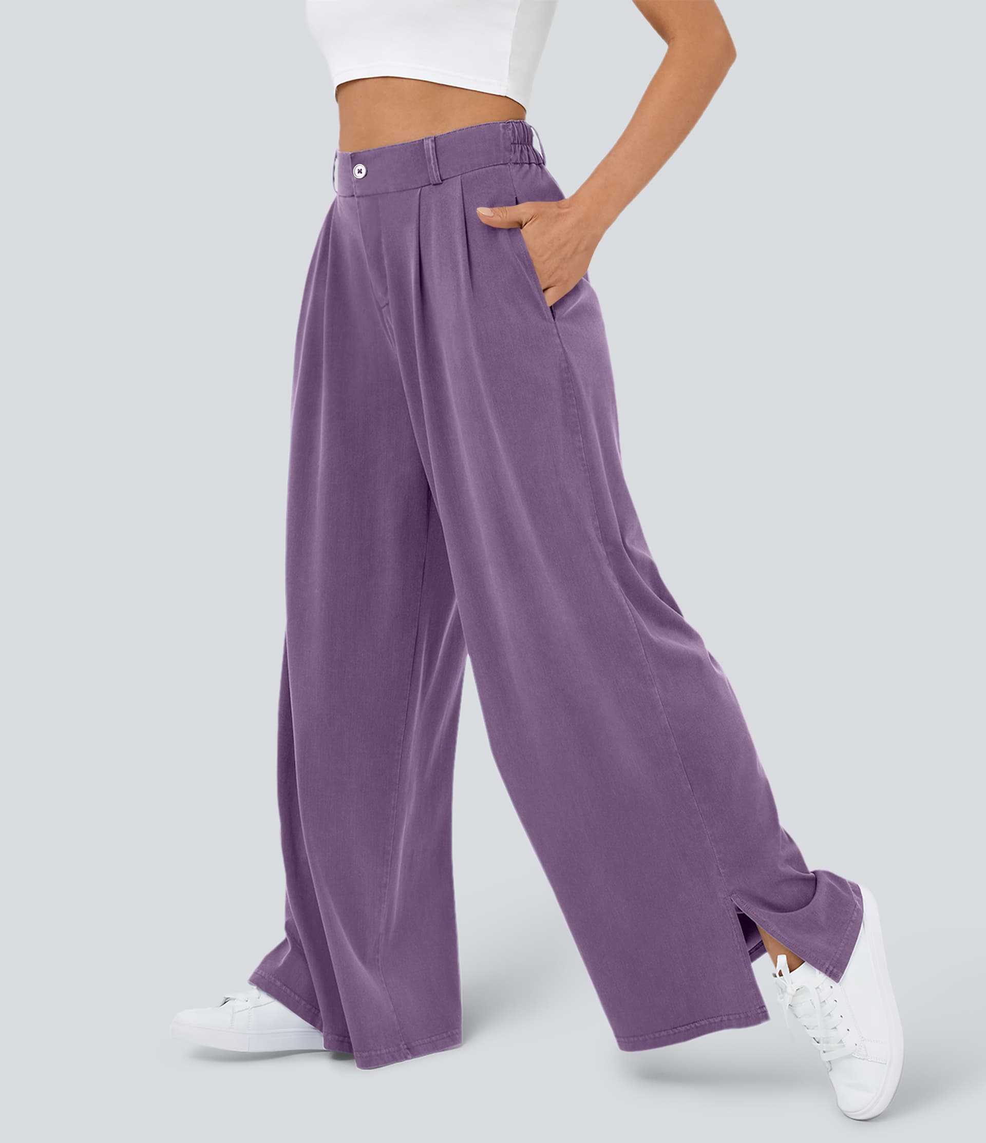High Waisted Zipper Pocket Hem Wide Leg Casual Pants thumbnail 8
