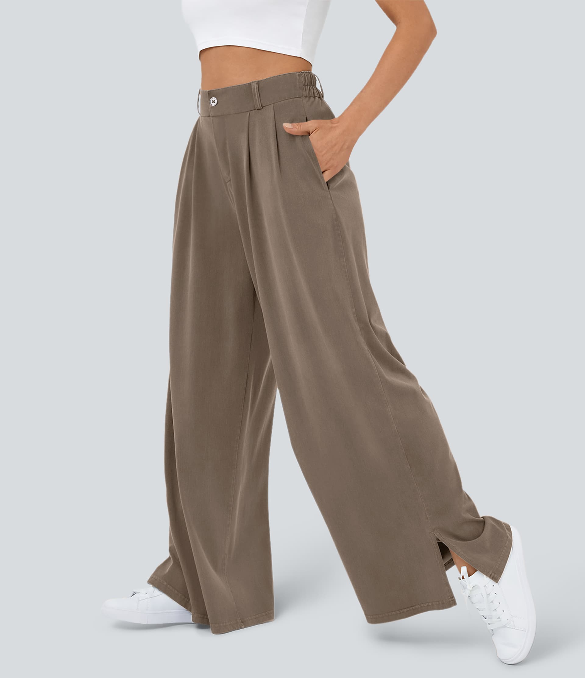 High Waisted Zipper Pocket Hem Wide Leg Casual Pants thumbnail 11