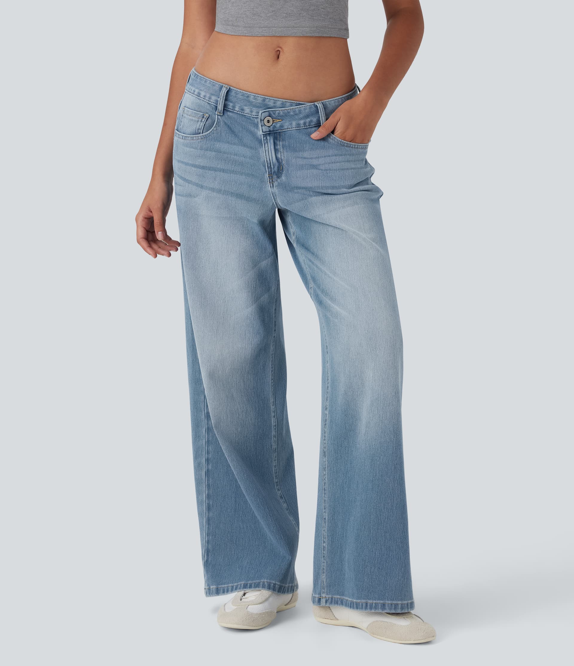 Halara Flex™ Asymmetric Low Rise Button Zipper Multiple Pockets Baggy Wide Leg Washed Stretchy Knit Casual Jeans thumbnail 7