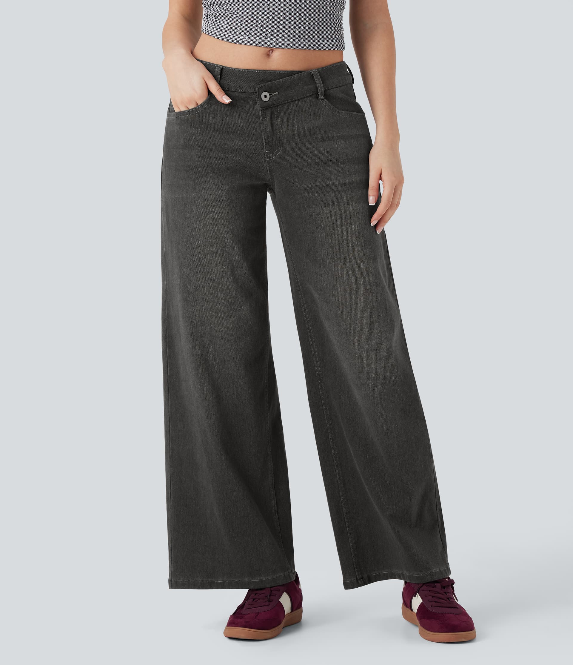 Halara Flex™ Asymmetric Low Rise Button Zipper Multiple Pockets Baggy Wide Leg Washed Stretchy Knit Casual Jeans thumbnail 9