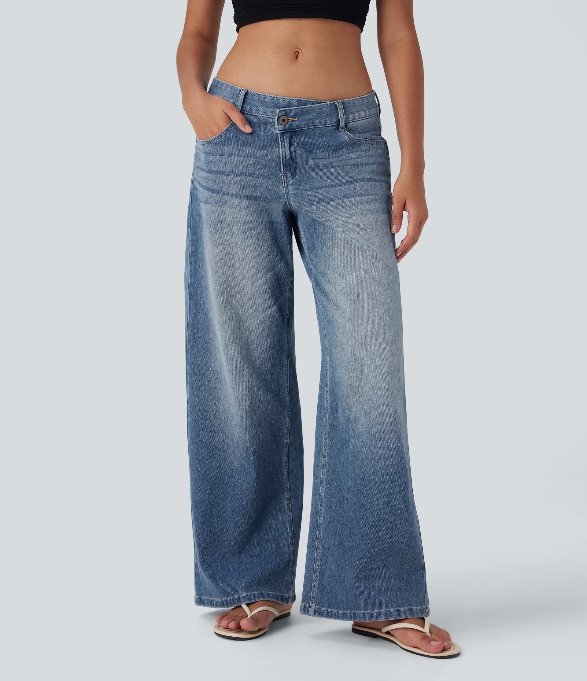 Halara Flex™ Asymmetric Low Rise Button Zipper Multiple Pockets Baggy Wide Leg Washed Stretchy Knit Casual Jeans thumbnail 4