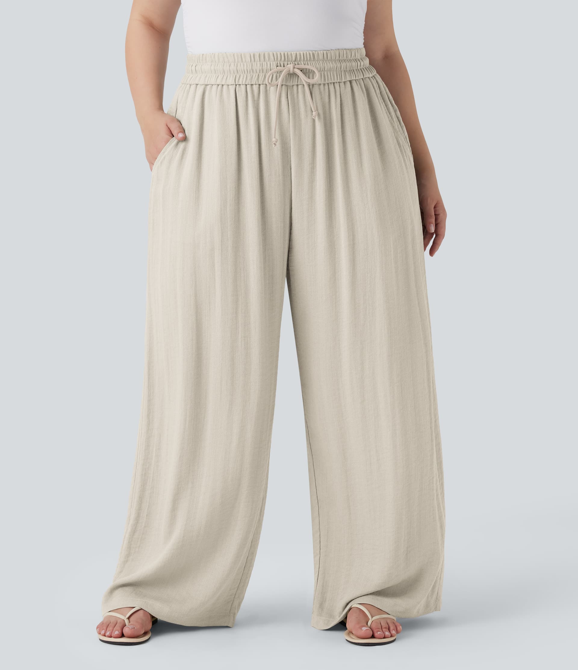 High Waisted Drawstring Linen-Feel Wide Leg Casual Plus Size Pants with Pockets - Image 1