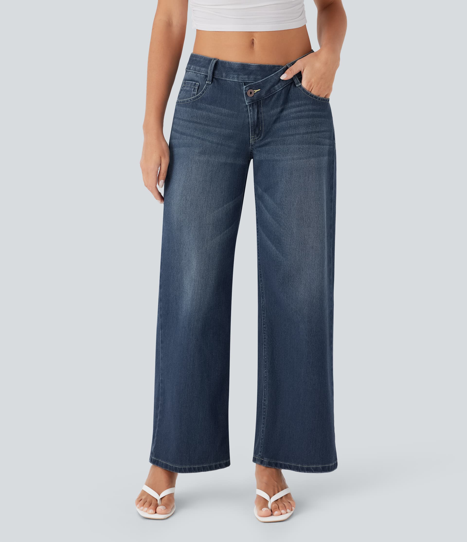 Halara Flex™ Asymmetric Low Rise Button Zipper Multiple Pockets Baggy Wide Leg Washed Stretchy Knit Casual Jeans thumbnail 6