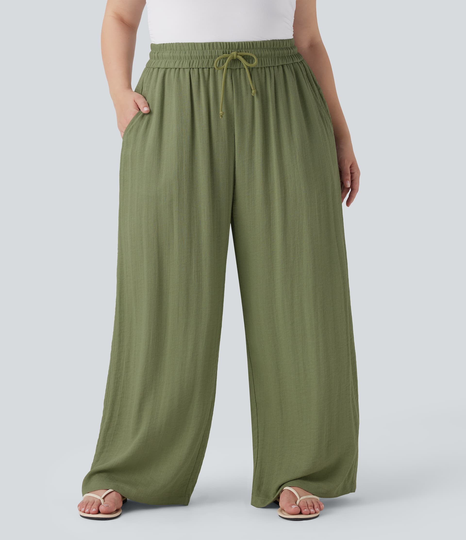 High Waisted Drawstring Linen-Feel Wide Leg Casual Plus Size Pants with Pockets thumbnail 2