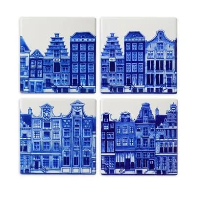 Delft Blue Ceramic Coasters with 4 Pictures of Canal Houses - Image 1
