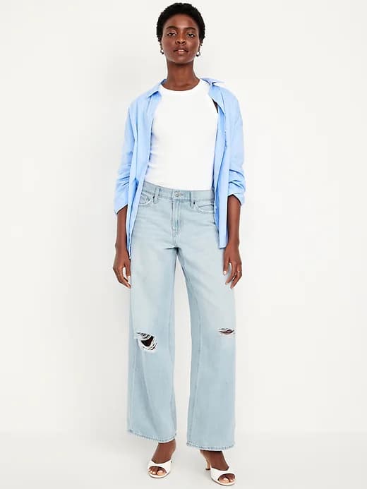 Mid-Rise Ripped Baggy Wide-Leg Jeans - Image 1