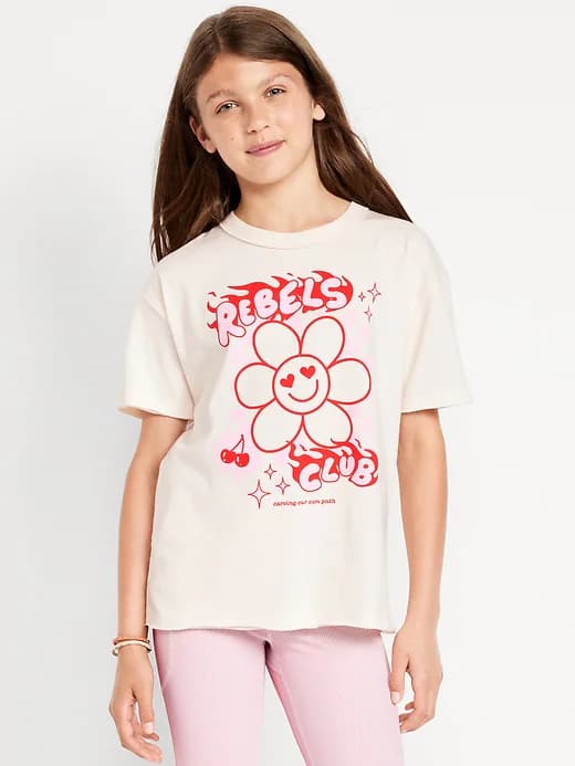 Oversized Short-Sleeve Graphic Raw-Edge T-Shirt for Girls - Image 1