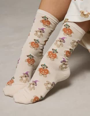 AE Pumpkin Teddy Bear Crew Socks - Image 1