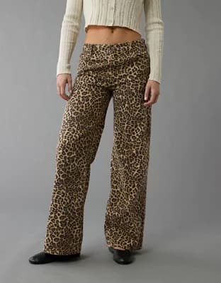 AE Stretch Leopard Low-Rise Baggy Wide-Leg Pant - Image 1