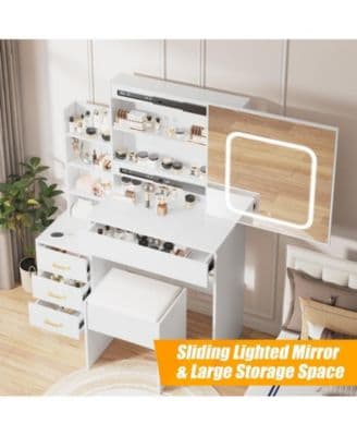 Vanity Desk with Sliding Mirror and Led Lights, Vanity Table with Power Outlet, Bedroom Makeup Table with 4 Drawers, 3 Color Lighting Modes thumbnail 4