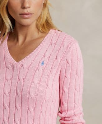Women's Cable-Knit Cotton V-Neck Sweater thumbnail 3