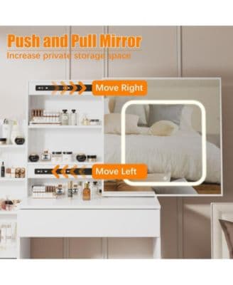 Vanity Desk with Sliding Mirror and Led Lights, Vanity Table with Power Outlet, Bedroom Makeup Table with 4 Drawers, 3 Color Lighting Modes thumbnail 5
