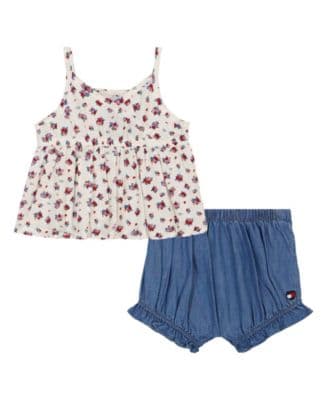 Baby Girl 2-Piece Floral Babydoll Top and Denim Bloomers Set - Image 1