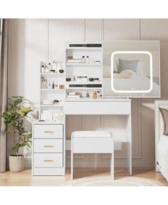 Vanity Desk with Sliding Mirror and Led Lights, Vanity Table with Power Outlet, Bedroom Makeup Table with 4 Drawers, 3 Color Lighting Modes - Image 1