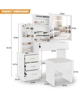 Vanity Desk with Sliding Mirror and Led Lights, Vanity Table with Power Outlet, Bedroom Makeup Table with 4 Drawers, 3 Color Lighting Modes thumbnail 6
