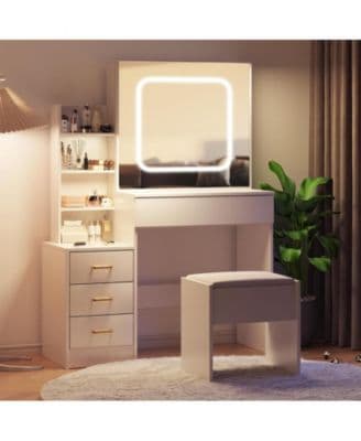 Vanity Desk with Sliding Mirror and Led Lights, Vanity Table with Power Outlet, Bedroom Makeup Table with 4 Drawers, 3 Color Lighting Modes thumbnail 7