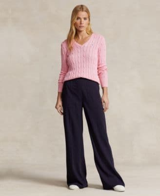 Women's Cable-Knit Cotton V-Neck Sweater thumbnail 4