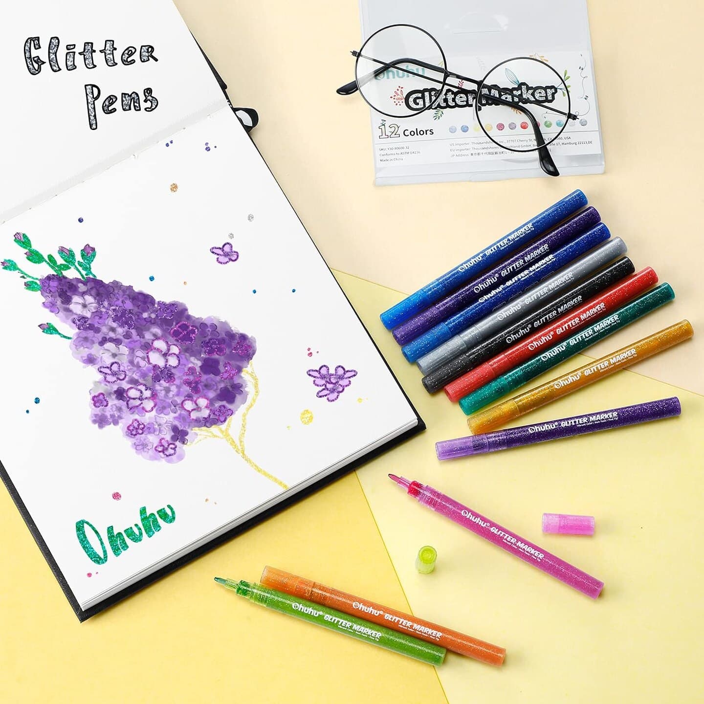 Ohuhu Glitter Markers Pen 12 Glitter Colors Metallic Marker Fine Point Tip Water-based Ink for Kids Adults DIY Crafts Greeting Birthday Cards Making Poster Album Scrapbooking Mugs Wood thumbnail 2