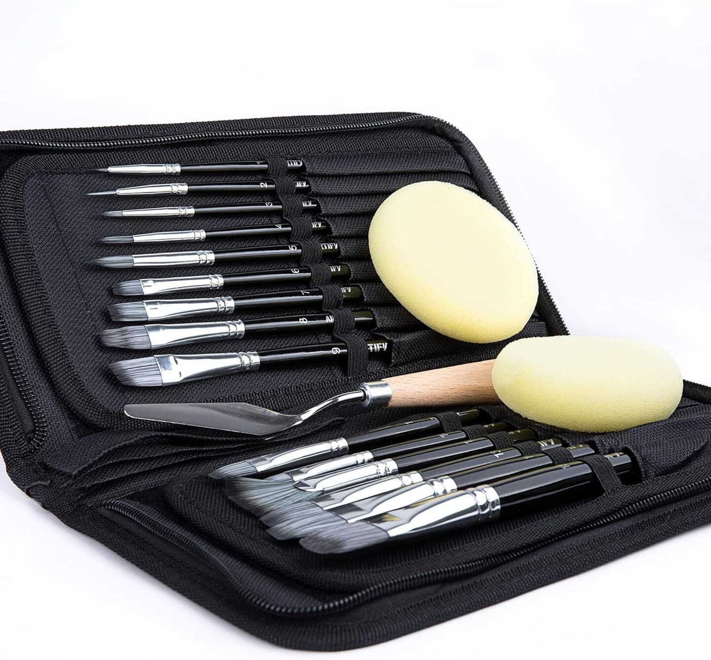 ARTIFY 15 Pieces Paint Brush Set, Intermediate Series, Includes Pop-Up Carrying Case with Palette Knife and 2 Sponges, for Acrylic, Oil, Watercolor and Gouache Painting - Black - Image 1