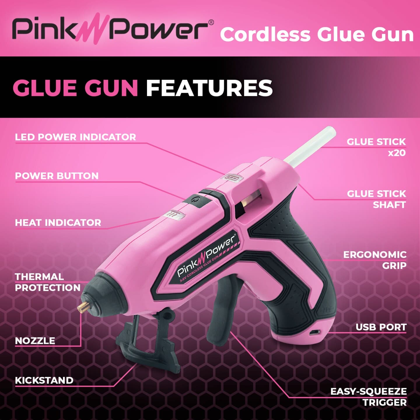 Pink Power Cordless Mini Hot Glue Gun with Stand - USB Rechargeable Wireless Hot Melt Glue Gun Kit with 20 Glue Sticks - Battery Operated Cordless Glue Gun for Crafts - Portable Pink Hot Glue Gun thumbnail 2