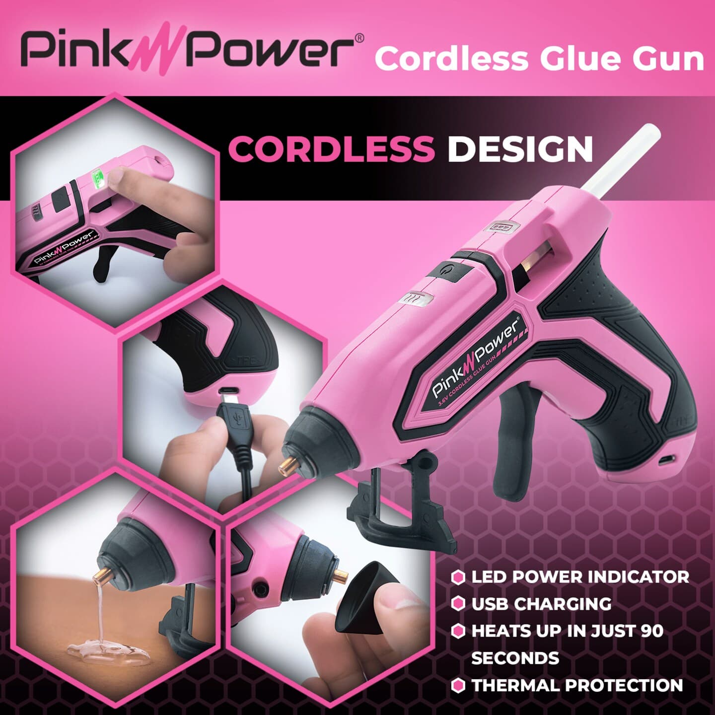 Pink Power Cordless Mini Hot Glue Gun with Stand - USB Rechargeable Wireless Hot Melt Glue Gun Kit with 20 Glue Sticks - Battery Operated Cordless Glue Gun for Crafts - Portable Pink Hot Glue Gun thumbnail 5