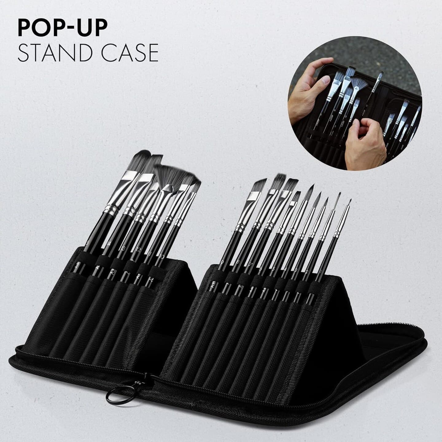 ARTIFY 15 Pieces Paint Brush Set, Intermediate Series, Includes Pop-Up Carrying Case with Palette Knife and 2 Sponges, for Acrylic, Oil, Watercolor and Gouache Painting - Black thumbnail 5