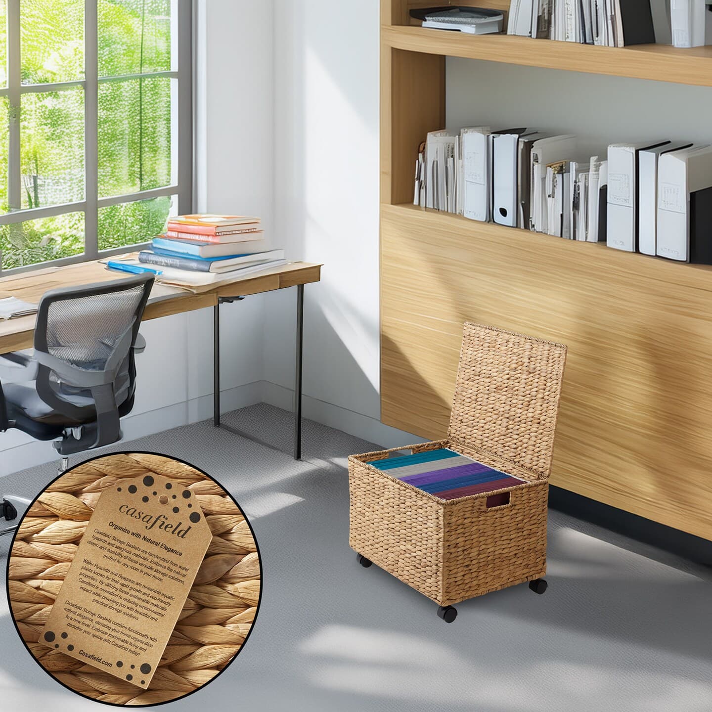 Casafield Rolling Filing Cabinet - Water Hyacinth File Organizer with Lid and Locking Wheels, Home Office Storage for Hanging Folders thumbnail 2