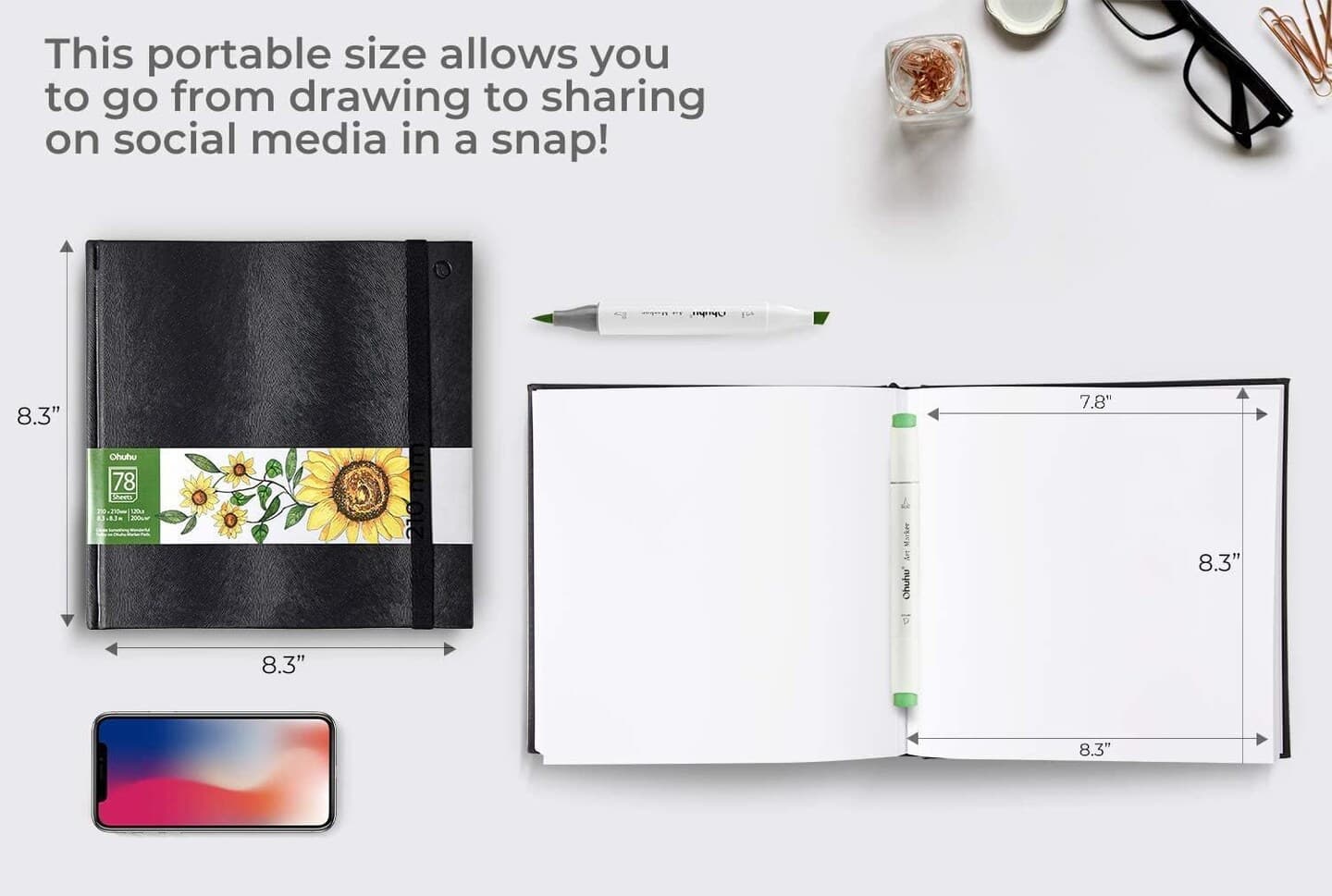 Ohuhu Sketchbook Marker Paper Pad 78 Sheets/156 Pages, Art Sketch Book Drawing Papers 120 LB/200 GSM Hardcover Sketching Books for Alcohol Markers Heavyweight Sketchpad Christmas Gift thumbnail 3