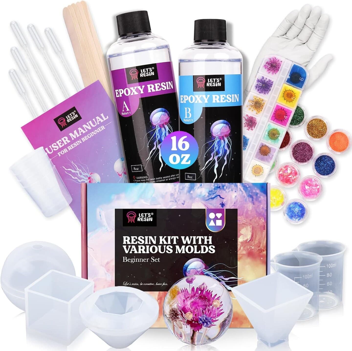 LET'S RESIN Epoxy Resin Kits and Molds Complete Set, 16oz Resin Art Kit with Silicone Molds, Pigment, Dried Flowers, Crafts for Adults, Beginners, Art Supplies for DIY Lovers, DIY Gift for Women - Image 1