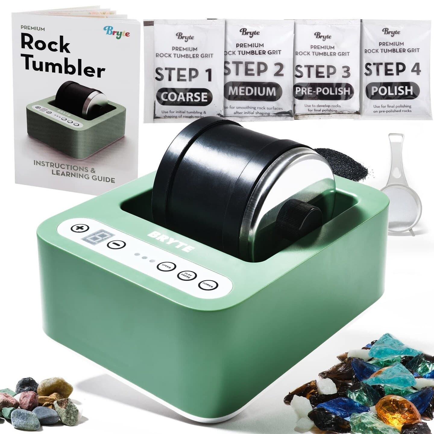 BRYTE Rock Tumbler Kit, 3 Speeds & Digital 9-Day Polishing Timer, Dual Injection, Self-Cooling Premium Motor, Professional Grade Rock Polisher for Kids Ages 8-14, Green - Image 1