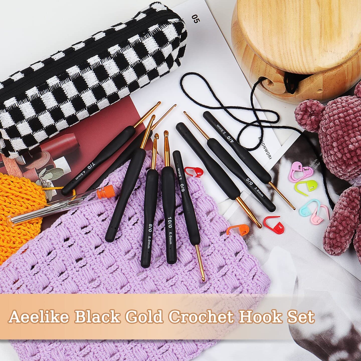31pcs Crochet Hook Set, Black Gold Crochet Hooks Ergonomic with Grips for Arthritic Hands, Crochet Needles Set with Knitting & Crochet Supplies, Ideal Crochet Gift for Crochet Beginner Lover thumbnail 6
