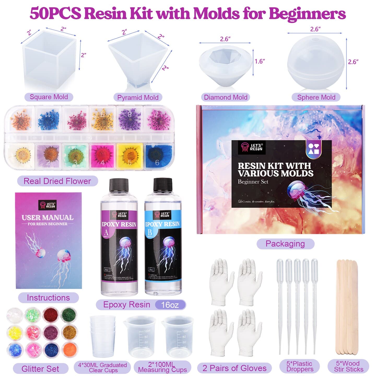 LET'S RESIN Epoxy Resin Kits and Molds Complete Set, 16oz Resin Art Kit with Silicone Molds, Pigment, Dried Flowers, Crafts for Adults, Beginners, Art Supplies for DIY Lovers, DIY Gift for Women thumbnail 2