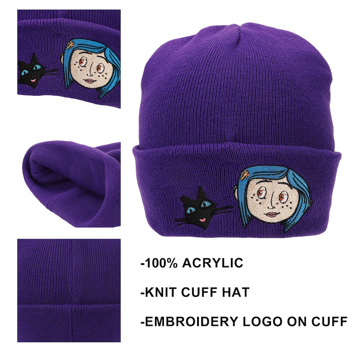 Coraline & Black Cat Character Art Purple Cuff Beanie - Image 1