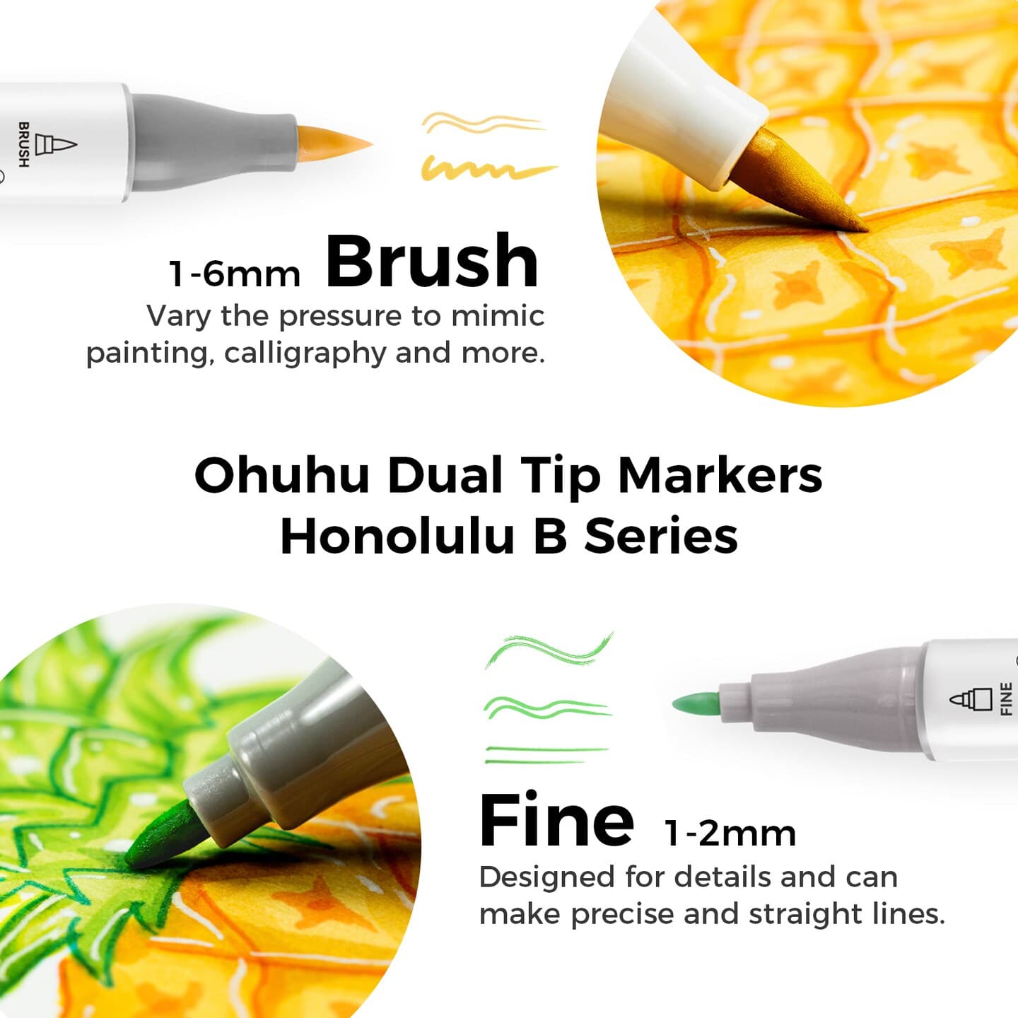 Ohuhu Alcohol Markers Brush Tip: 48-Color Double Tipped Art Marker Set for Artist Adults Coloring Illustrations - Honolulu/ Honolulu B -Brush & Chisel/ Brush & Fine -Refillable thumbnail 2