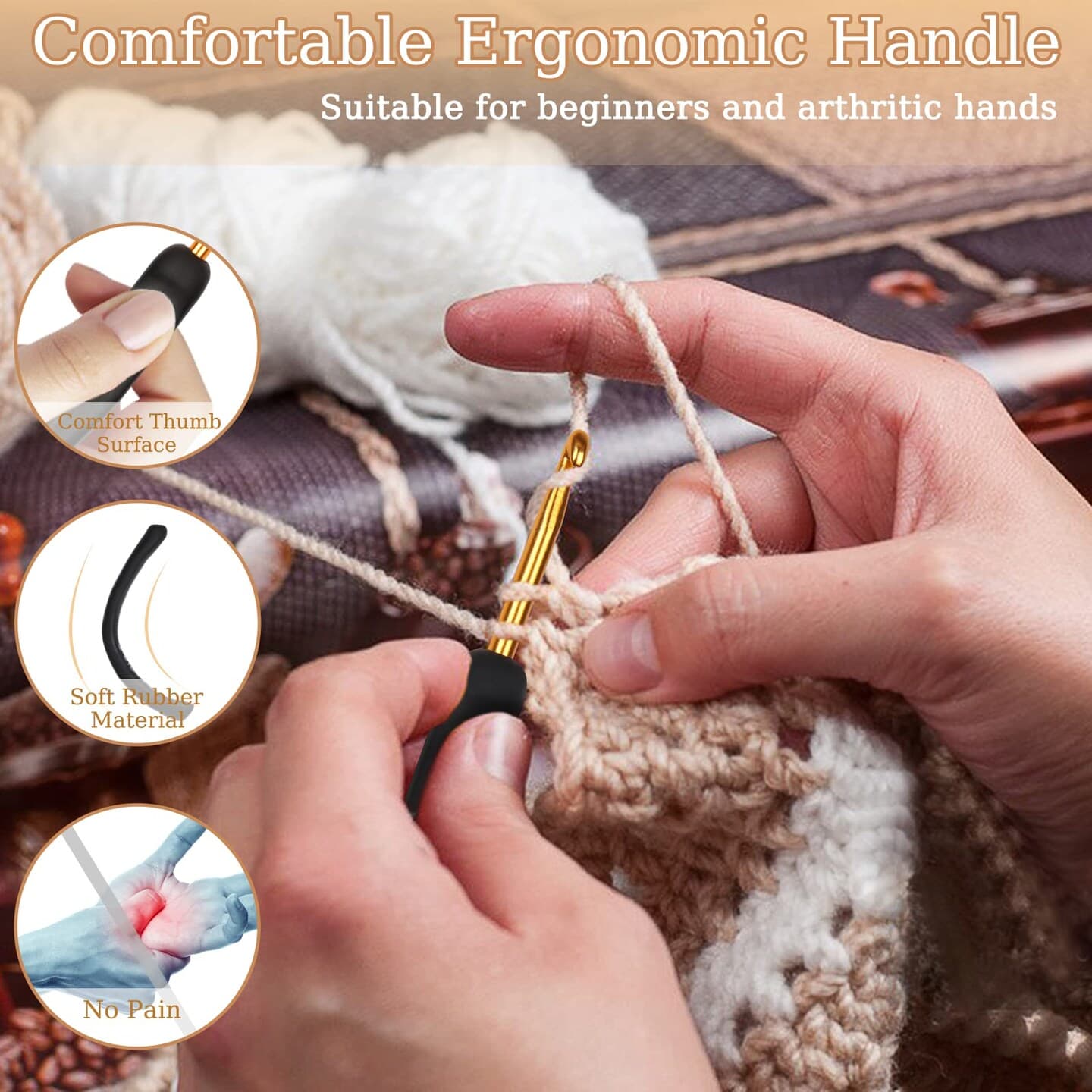 31pcs Crochet Hook Set, Black Gold Crochet Hooks Ergonomic with Grips for Arthritic Hands, Crochet Needles Set with Knitting & Crochet Supplies, Ideal Crochet Gift for Crochet Beginner Lover thumbnail 4
